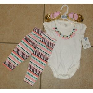 NEW NWT Girls Sz 0-3 Months Pants, Bodysuit & Shiny Gold Shoes 3 Pc Outfit Set